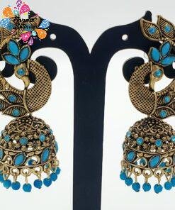 Blue and Gold Peacock Designer Oxidised Gold Jhumkha