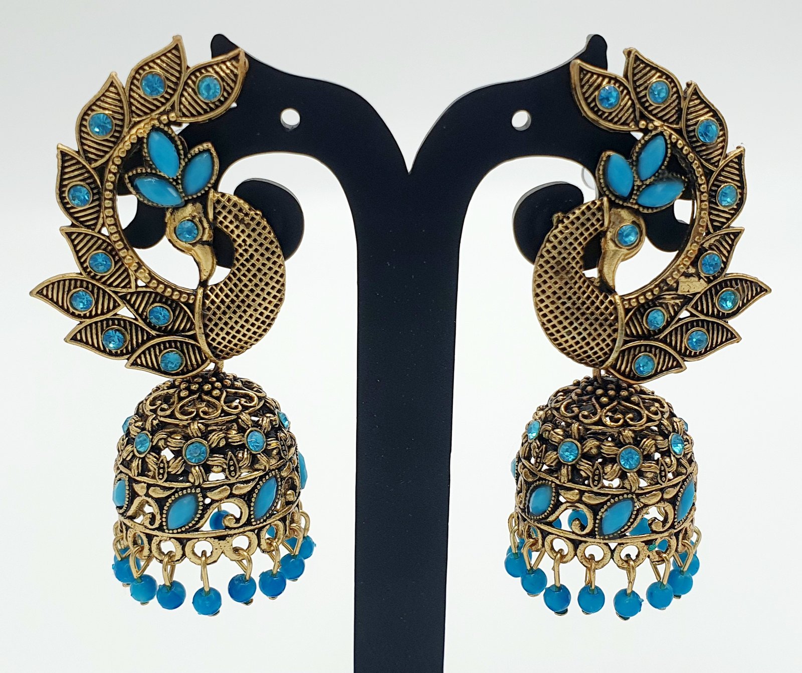 Blue and Gold Peacock Designer Oxidised Gold Jhumkha