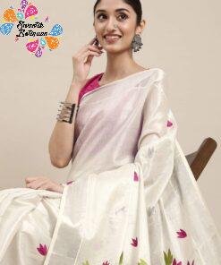Pink and Green Flower White Designer Kerala Tissue Silk Saree