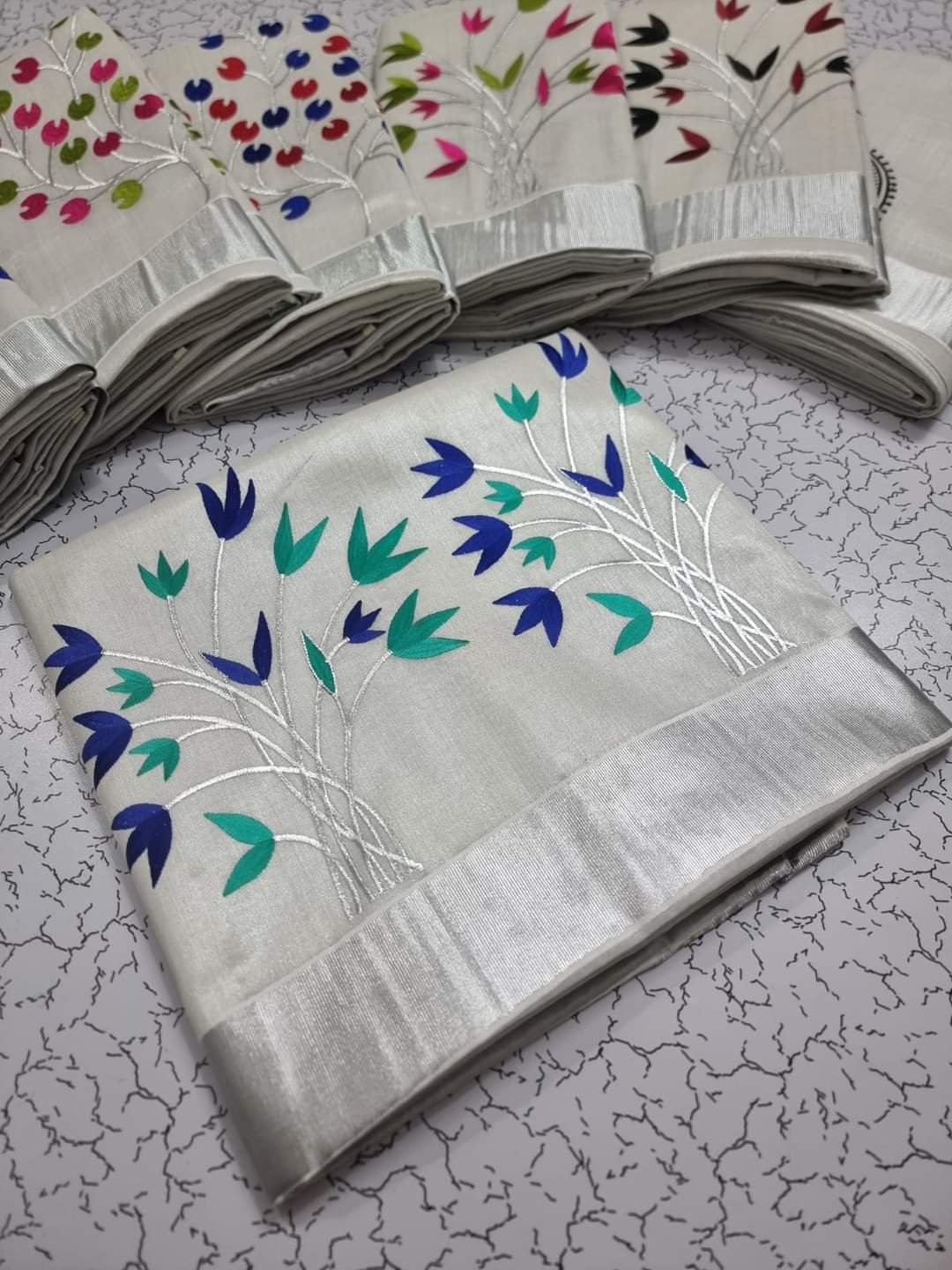 Green and Blue Flower White Designer Kerala Tissue Silk Saree