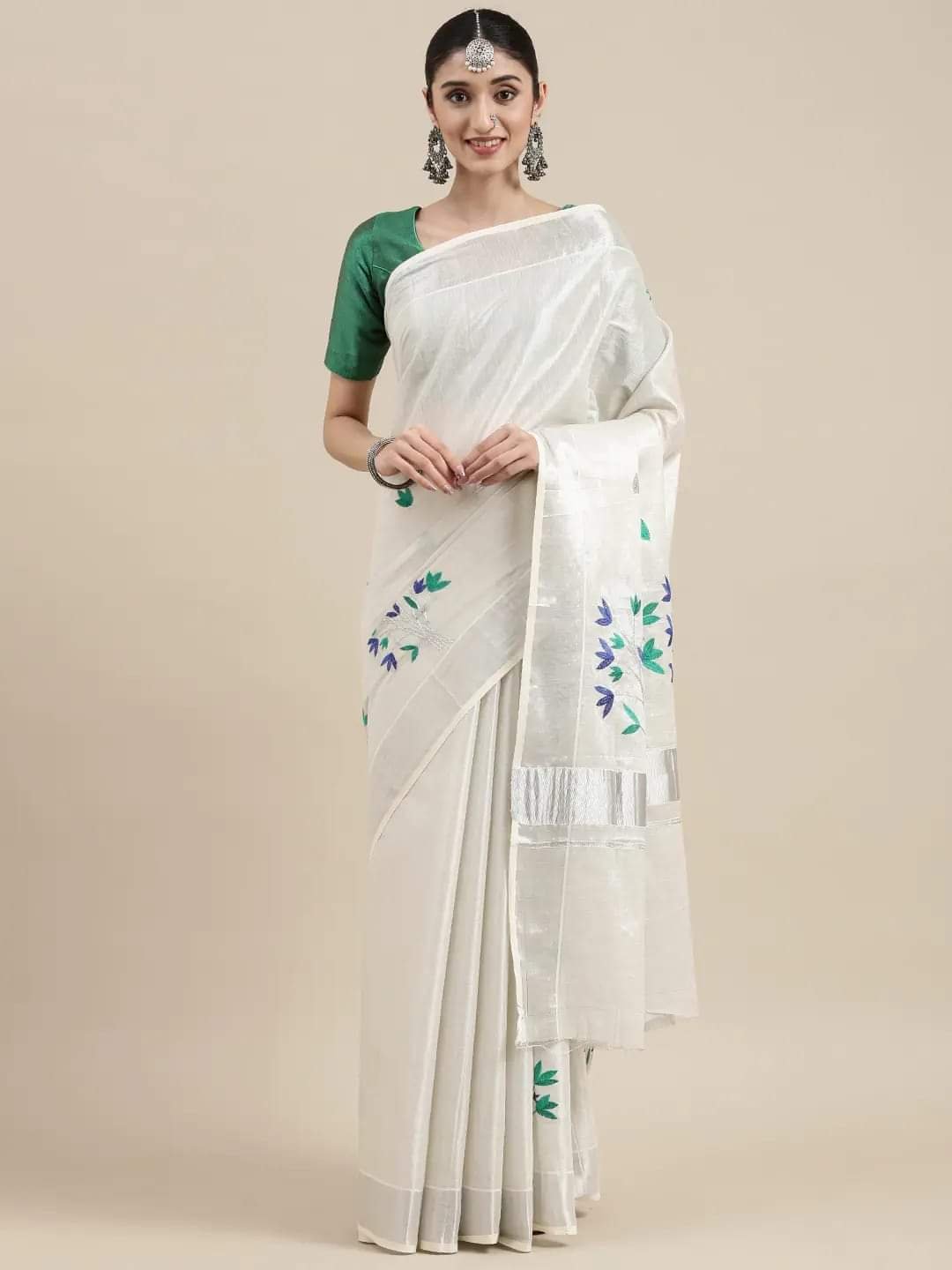 Green and Blue Flower White Designer Kerala Tissue Silk Saree - Image 4
