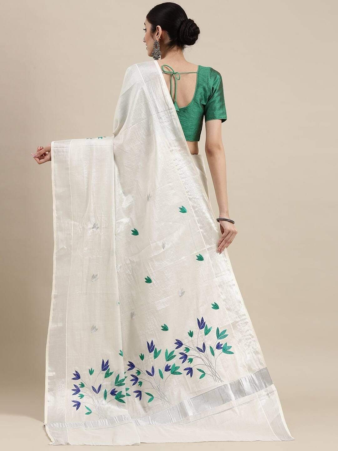 Green and Blue Flower White Designer Kerala Tissue Silk Saree - Image 3