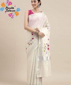 Pink and Green Flower White Designer Kerala Tissue Silk Saree