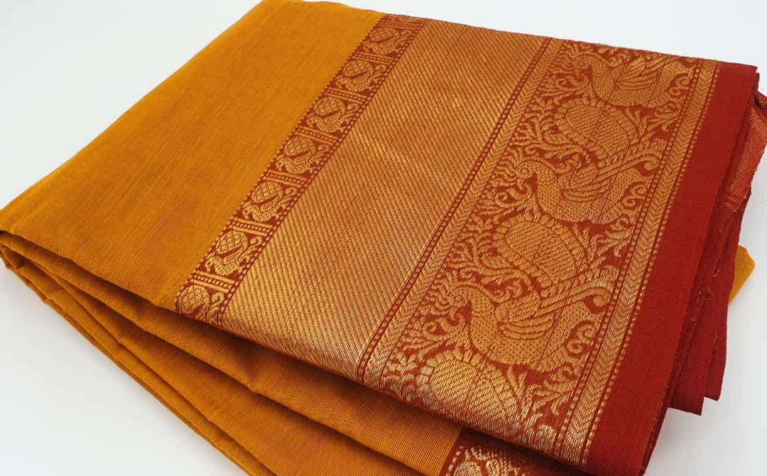 Orange and Gold Peacock Designer Pure Chettinad Cotton Saree Orange and Gold Peacock Designer Pure Chettinad Cotton Saree