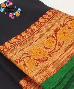 Black and Green Flower Designer Pure Chettinad Cotton Saree