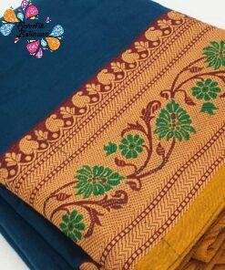 Blue and Green Flower Designer Pure Chettinad Cotton Saree