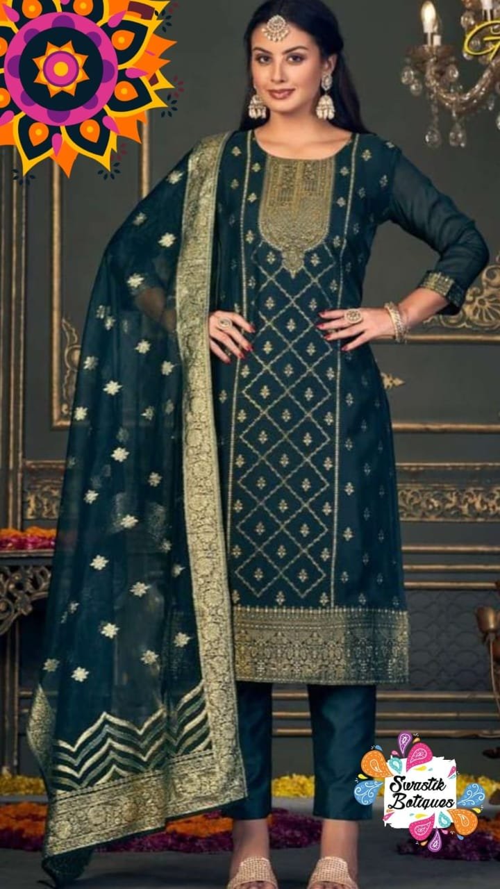 Dark Green Colour Banarasi Silk Designer Ready-Made Shalwar Suits