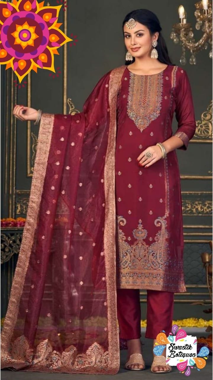 Red Colour Banarasi Silk Designer Ready-Made Shalwar Suits Red Colour Banarasi Silk Designer Ready-Made Shalwar Suits