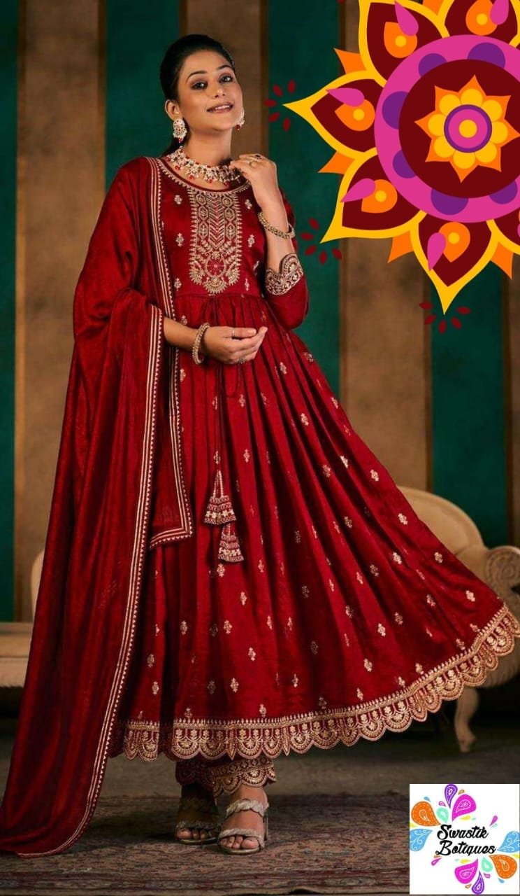 Red Colour Silk Designer Partywear Ready-Made Shalwar Suits