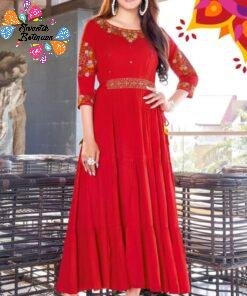 Red Embroidery Designer Frock Style Women Kurthi