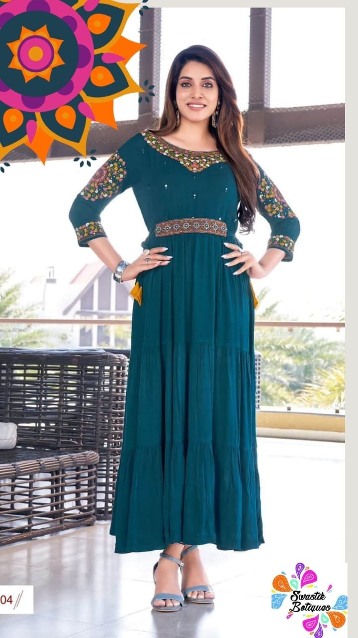 Peacock Blue Embroidery Designer Frock Style Women Kurthi
