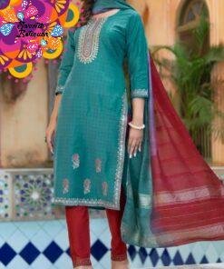 Green and Red Colour Silk Designer Shalwar Suits
