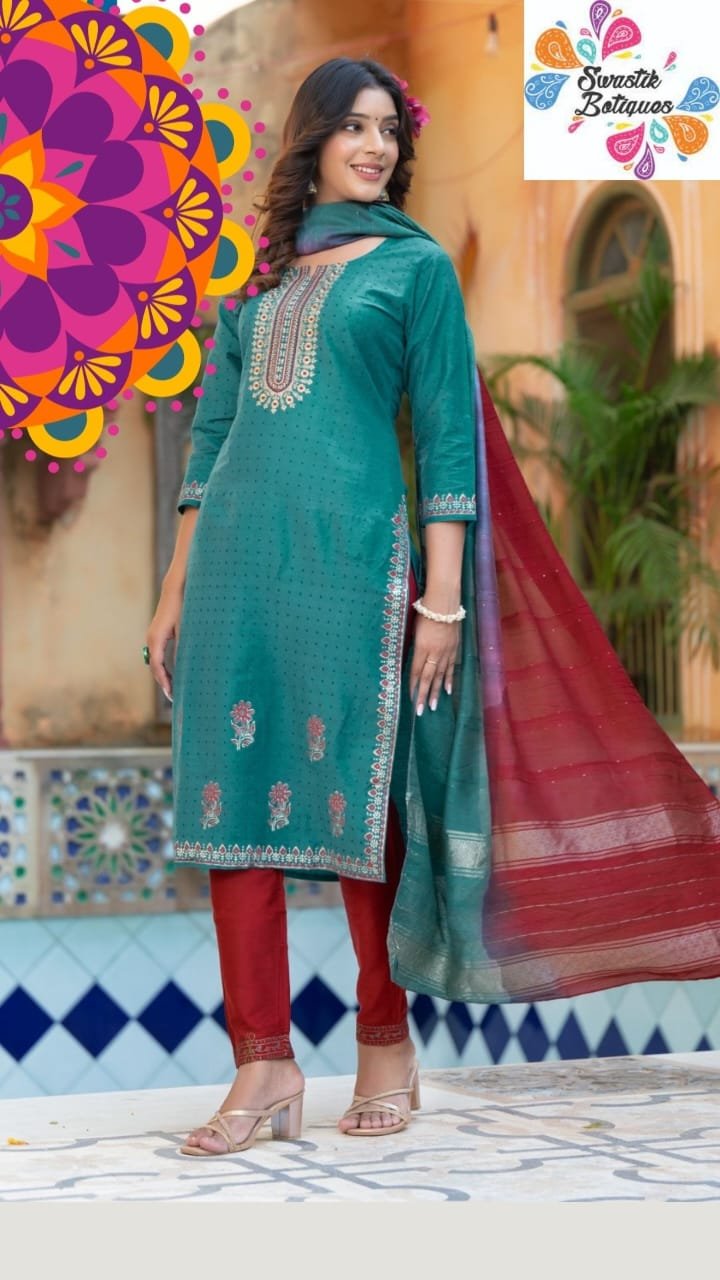Green and Red Colour Silk Designer Shalwar Suits Green and Red Colour Silk Designer Shalwar Suits