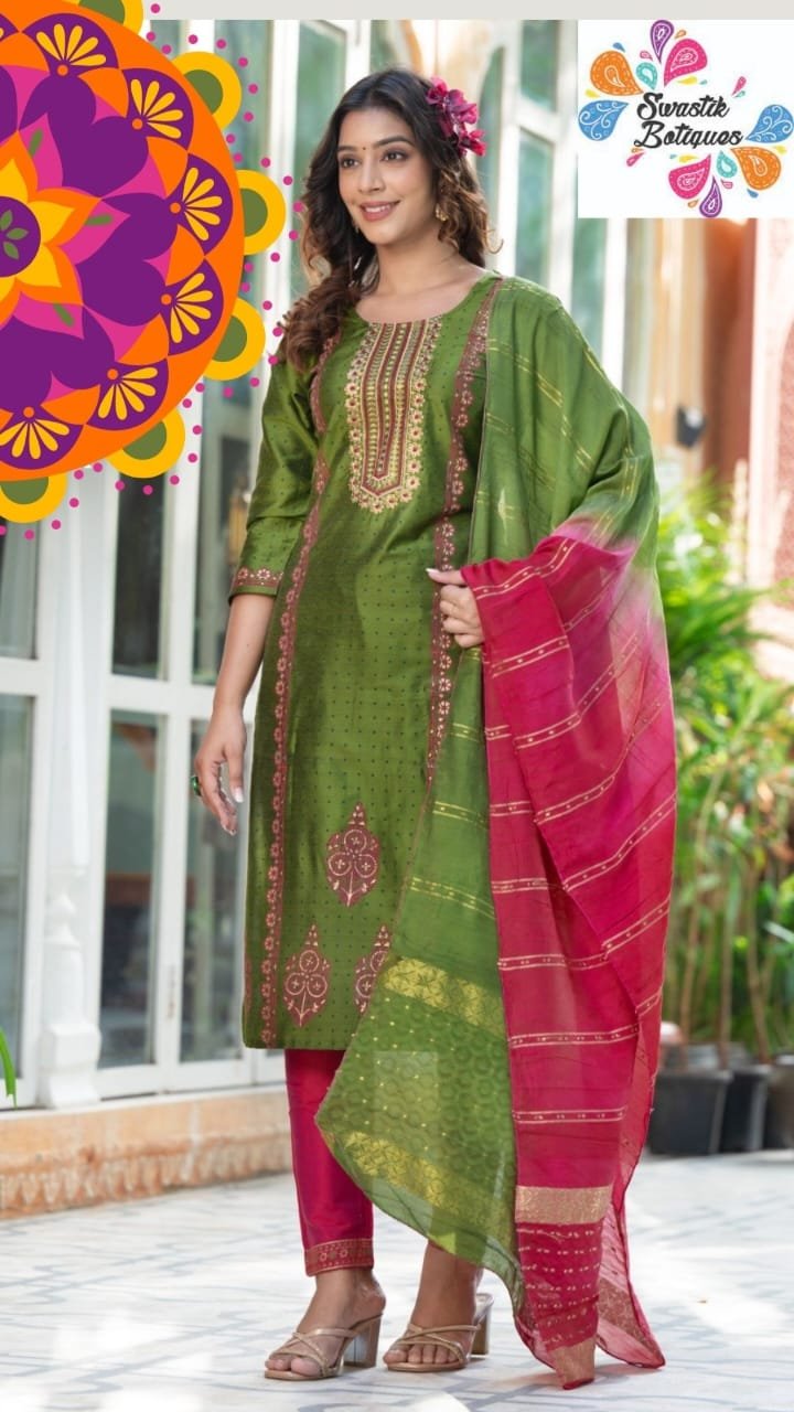 Green and Pink Colour Silk Designer Shalwar Suits Green and Pink Colour Silk Designer Shalwar Suits