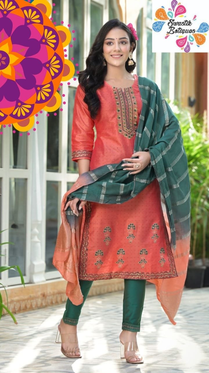 Peach and Green Colour Silk Designer Shalwar Suits Peach and Green Colour Silk Designer Shalwar Suits