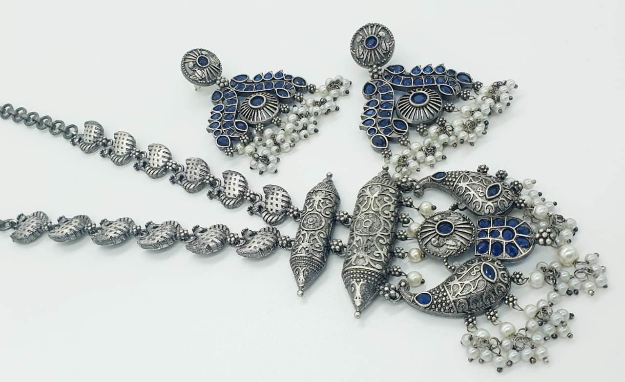 Blue Stone Designer Oxidised Necklace Blue Stone Designer Oxidised Necklace