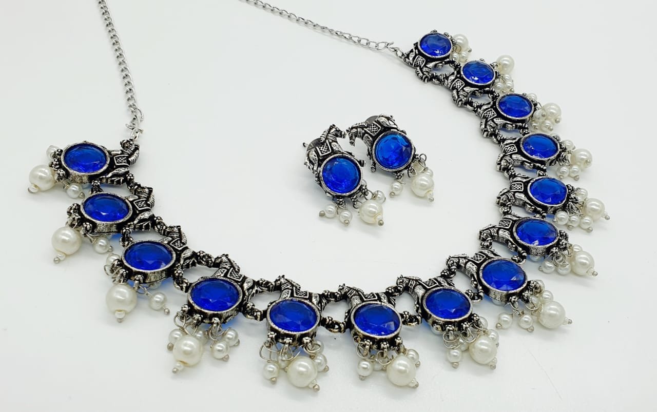 Blue Stone Designer Oxidised Necklace Blue Stone Designer Oxidised Necklace - Image 2