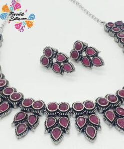 Pink Stone Designer Oxidised Necklace