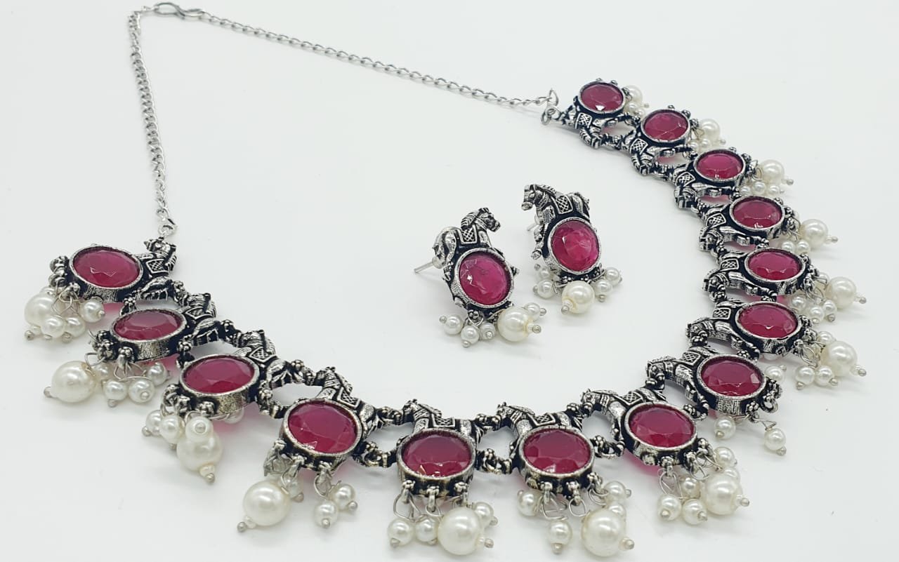 Dark Pink Designer Oxidised Necklace Dark Pink Designer Oxidised Necklace - Image 2