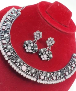 Light Pink Stone With Elephant Designer Oxidised Necklace Light Pink Stone With Elephant Designer Oxidised Necklace