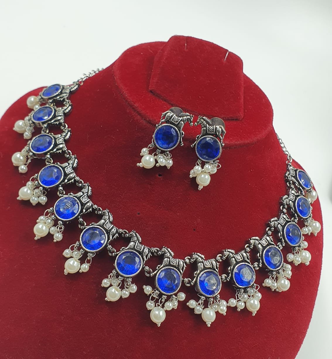 Blue Stone Designer Oxidised Necklace Blue Stone Designer Oxidised Necklace