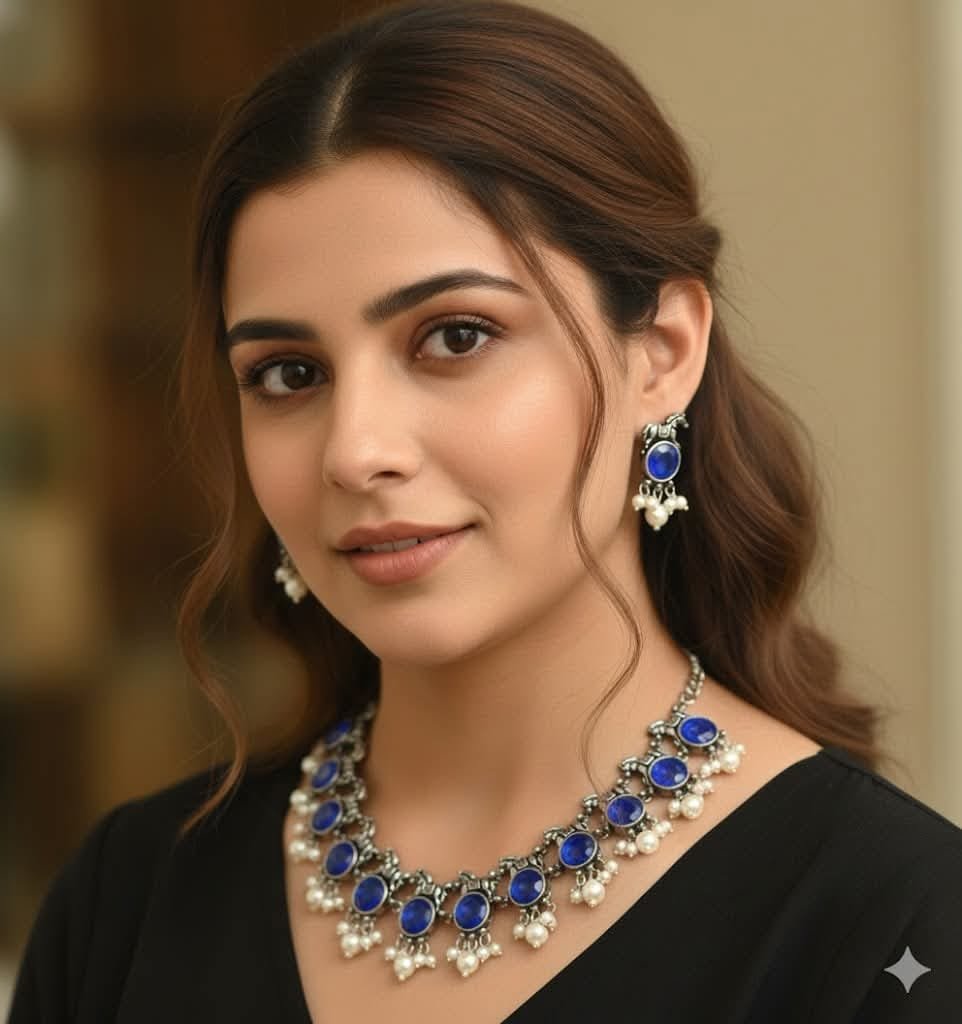 Blue Stone Designer Oxidised Necklace Blue Stone Designer Oxidised Necklace