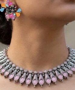 Light Pink Stone Designer Oxidised Necklace