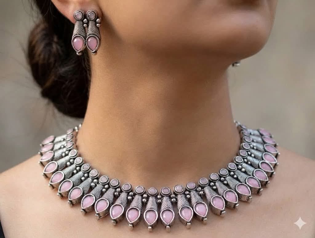 Light Pink Stone Designer Oxidised Necklace Light Pink Stone Designer Oxidised Necklace
