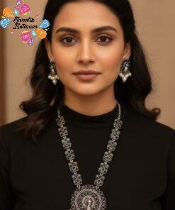 Black Stone And White Pearl With Peacock Designer Oxidised Necklace