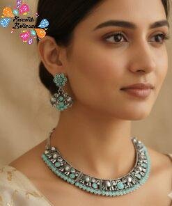 Light Blue Stone With Elephant Designer Oxidised Necklace