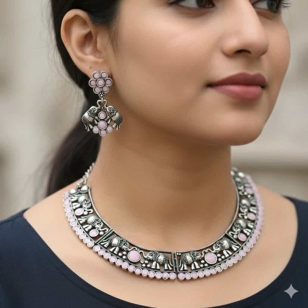Light Pink Stone With Elephant Designer Oxidised Necklace Light Pink Stone With Elephant Designer Oxidised Necklace