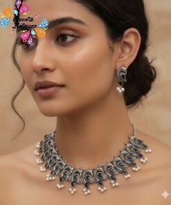 Black Stone And White Pearl Peacock Designer Oxidised Necklace