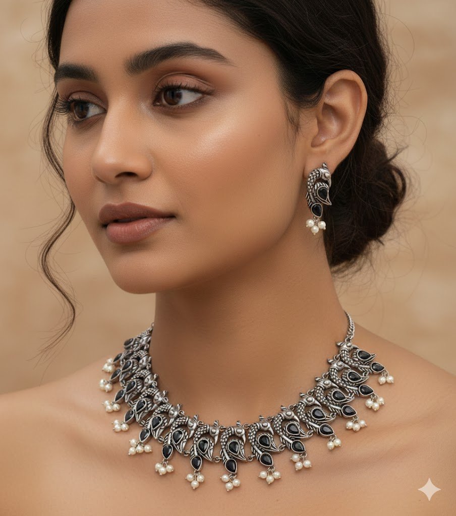 Black Stone And White Pearl Peacock Designer Oxidised Necklace Black Stone And White Pearl Peacock Designer Oxidised Necklace