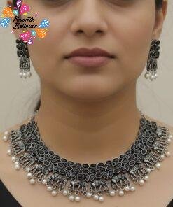 Black Stone And White Pearl Elephant Designer Oxidised Necklace