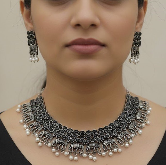 Black Stone And White Pearl Elephant Designer Oxidised Necklace Black Stone And White Pearl Elephant Designer Oxidised Necklace