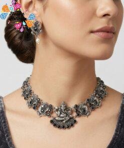 Ganesha Black Stones With Pearl Silver Oxidised Necklace
