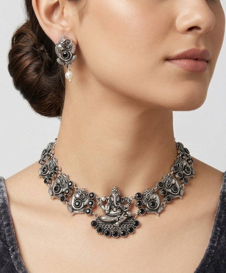 Ganesha Black Stones With Pearl Silver Oxidised Necklace Ganesha Black Stones With Pearl Silver Oxidised Necklace