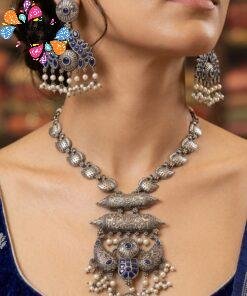 Blue Stone Designer Oxidised Necklace