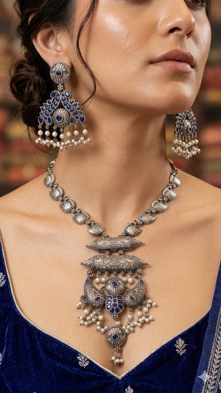 Blue Stone Designer Oxidised Necklace Blue Stone Designer Oxidised Necklace