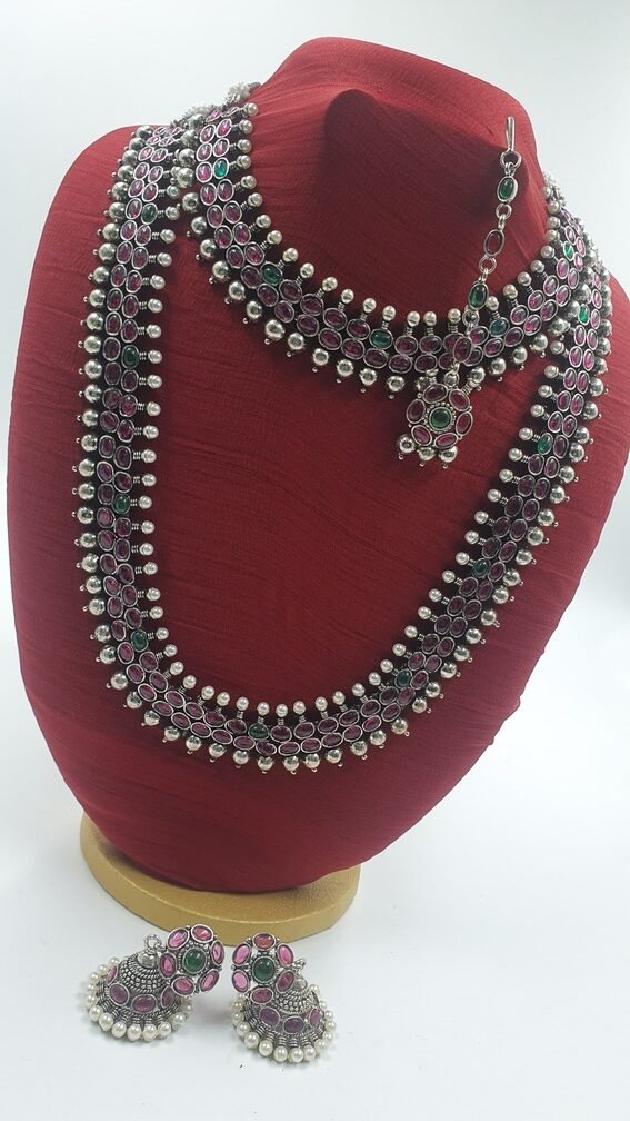 Pink Stone Designer Oxidised Matte Finished Semi Bridal Combo Set Pink Stone Designer Oxidised Matte Finished Semi Bridal Combo Set