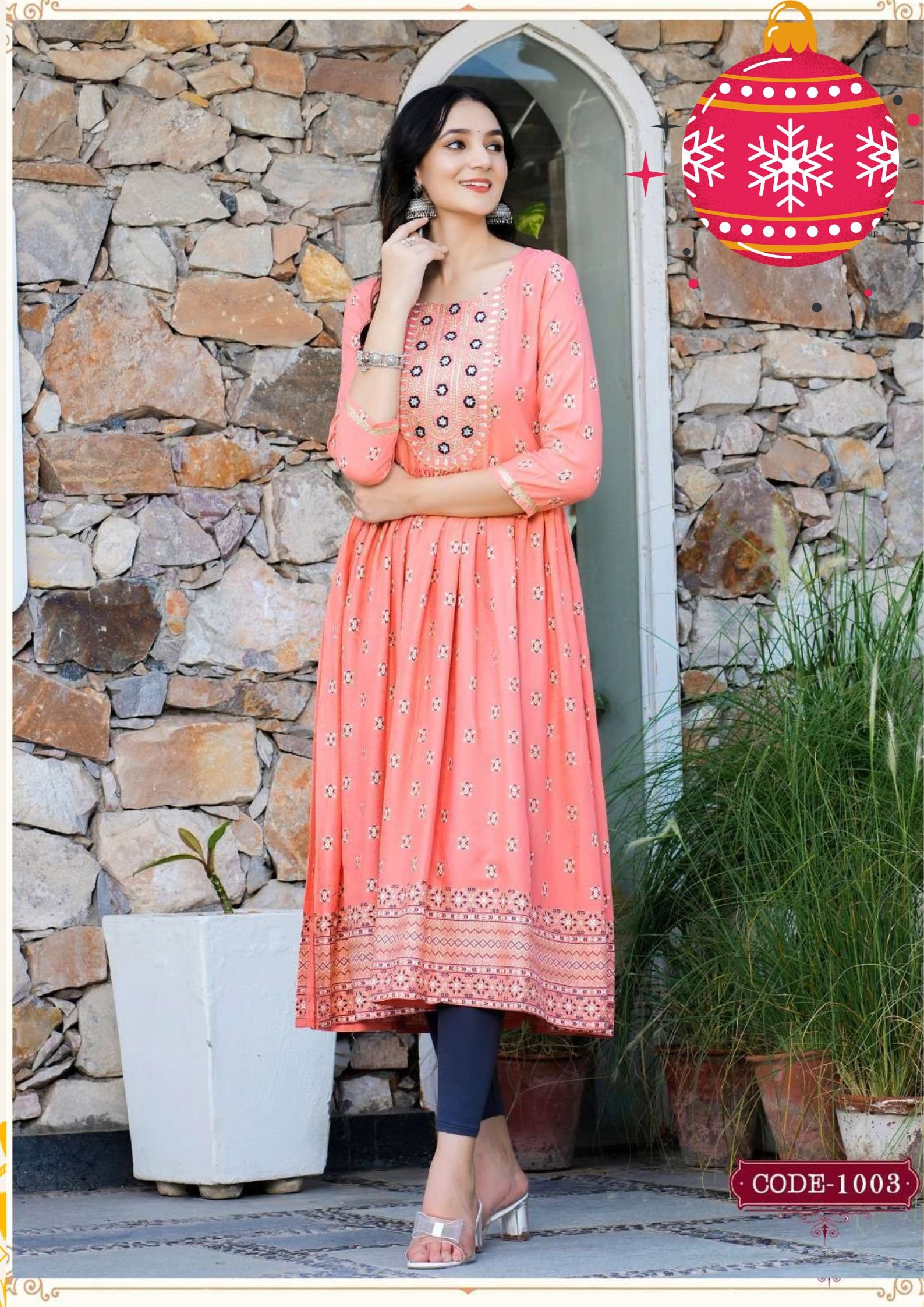 Orangish Pink Colour Nyra Cut Frock Style Designer Kurthi