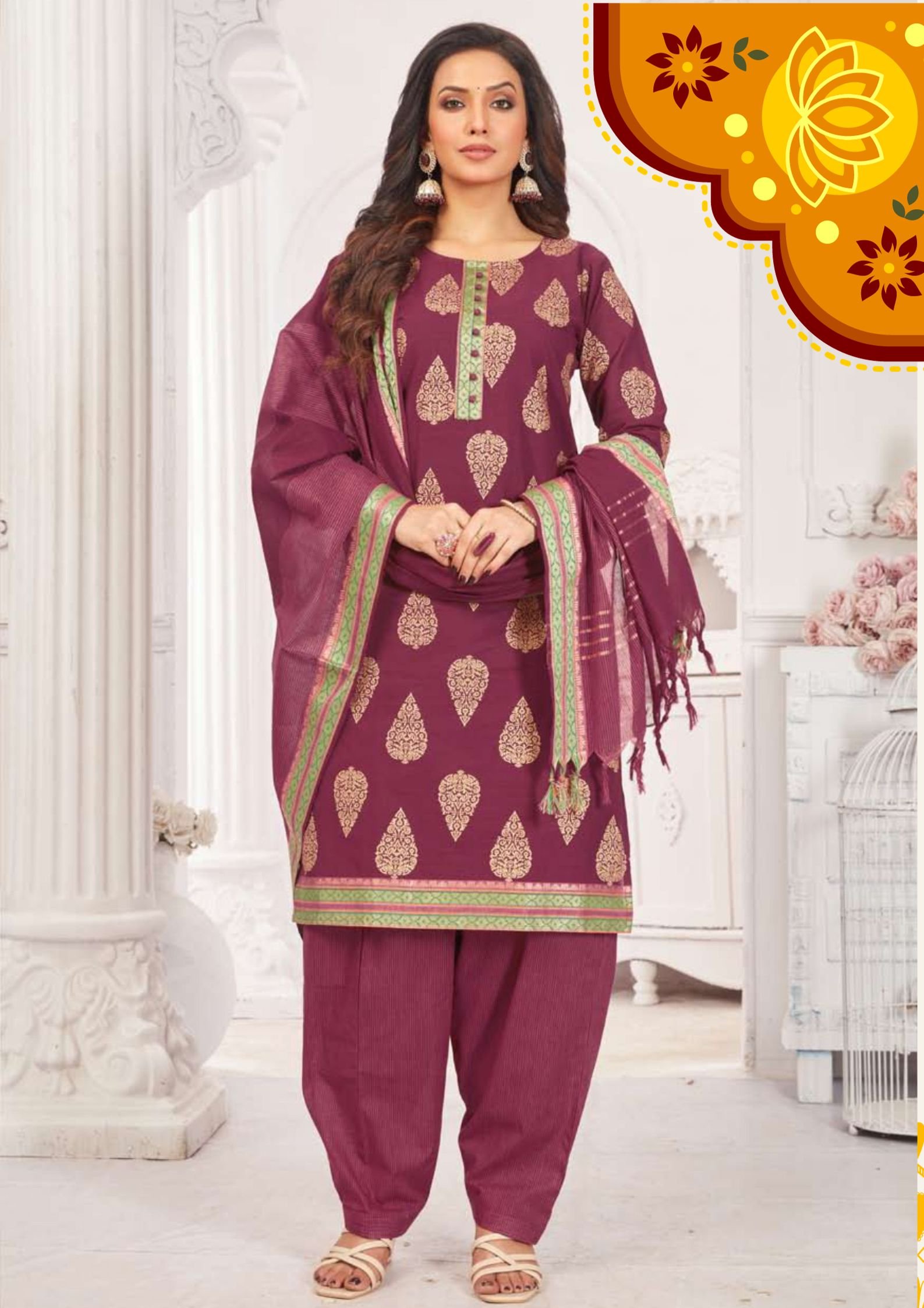 Magenta and Gold Colour Pure Cotton Ready Made Shalwar Suits Magenta and Gold Colour Pure Cotton Ready Made Shalwar Suits
