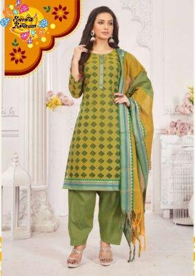 Green and Gold  Colour Pure Cotton Ready Made Shalwar Suits