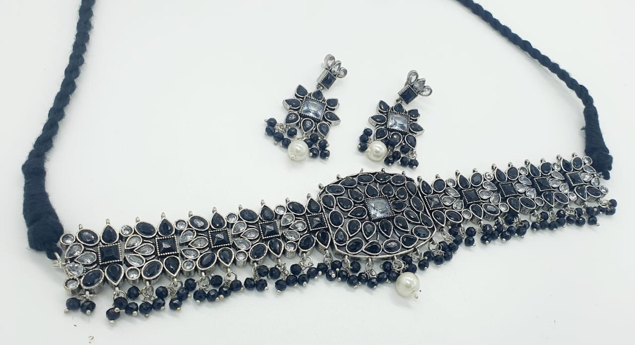 Black And White Stone Designer Oxidised Chocker Necklace Black And White Stone Designer Oxidised Chocker Necklace