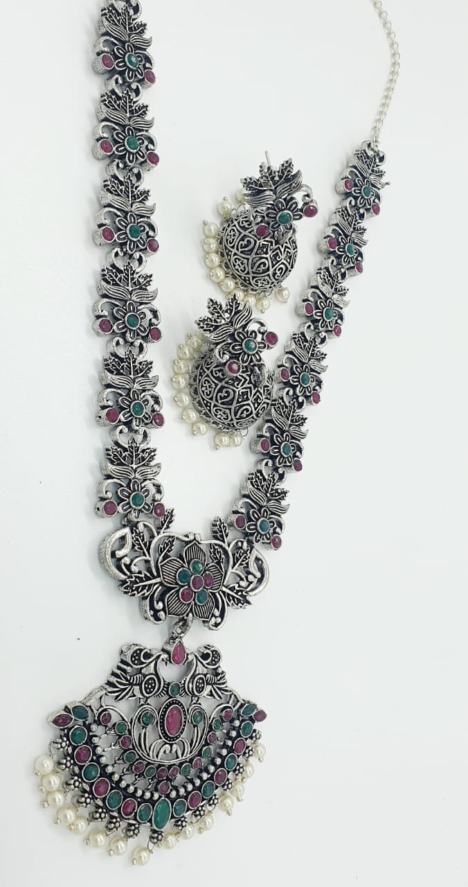 Flower And Peacock Designer Oxidised Necklace Flower And Peacock Designer Oxidised Necklace