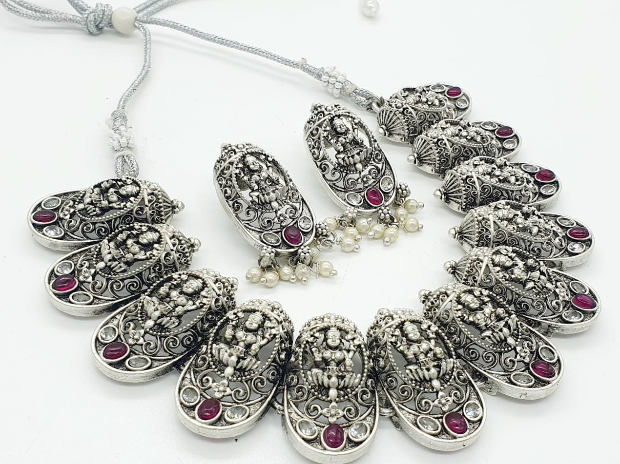 Lakshmi Designer Matte Silver Necklace Lakshmi Designer Matte Silver Necklace - Image 2