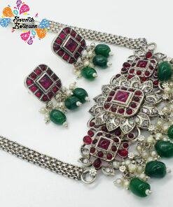 Green Pearl Designer Matte Silver Chocker Necklace Green Pearl Designer Matte Silver Chocker Necklace