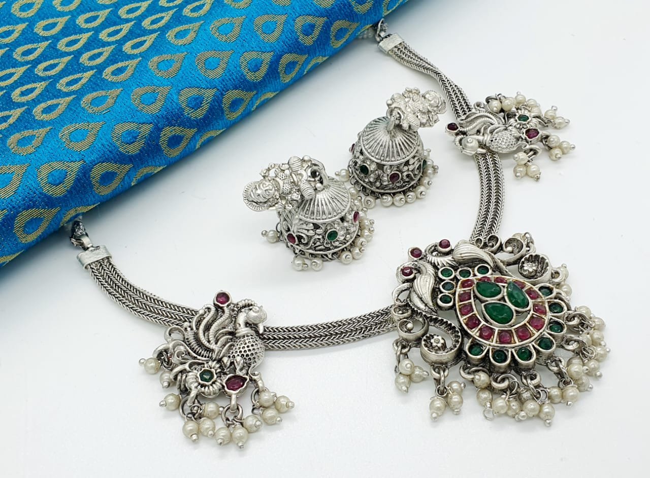 Peacock Designer Oxidised Matte Finished Necklace Peacock Designer Oxidised Matte Finished Necklace - Image 2