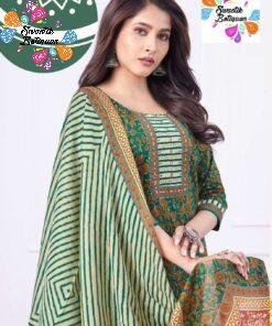 Green and White Soft Cotton Ready Made Shalwar Suits