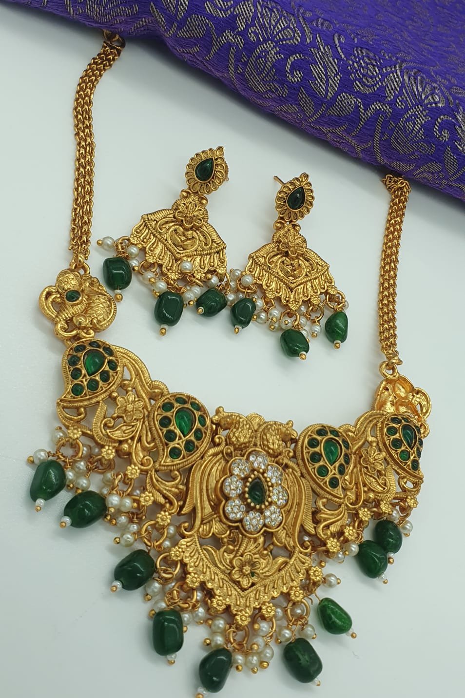 Green And White Pearl With Peacock Designer Matte Finished Necklace Green And White Pearl With Peacock Designer Matte Finished Necklace